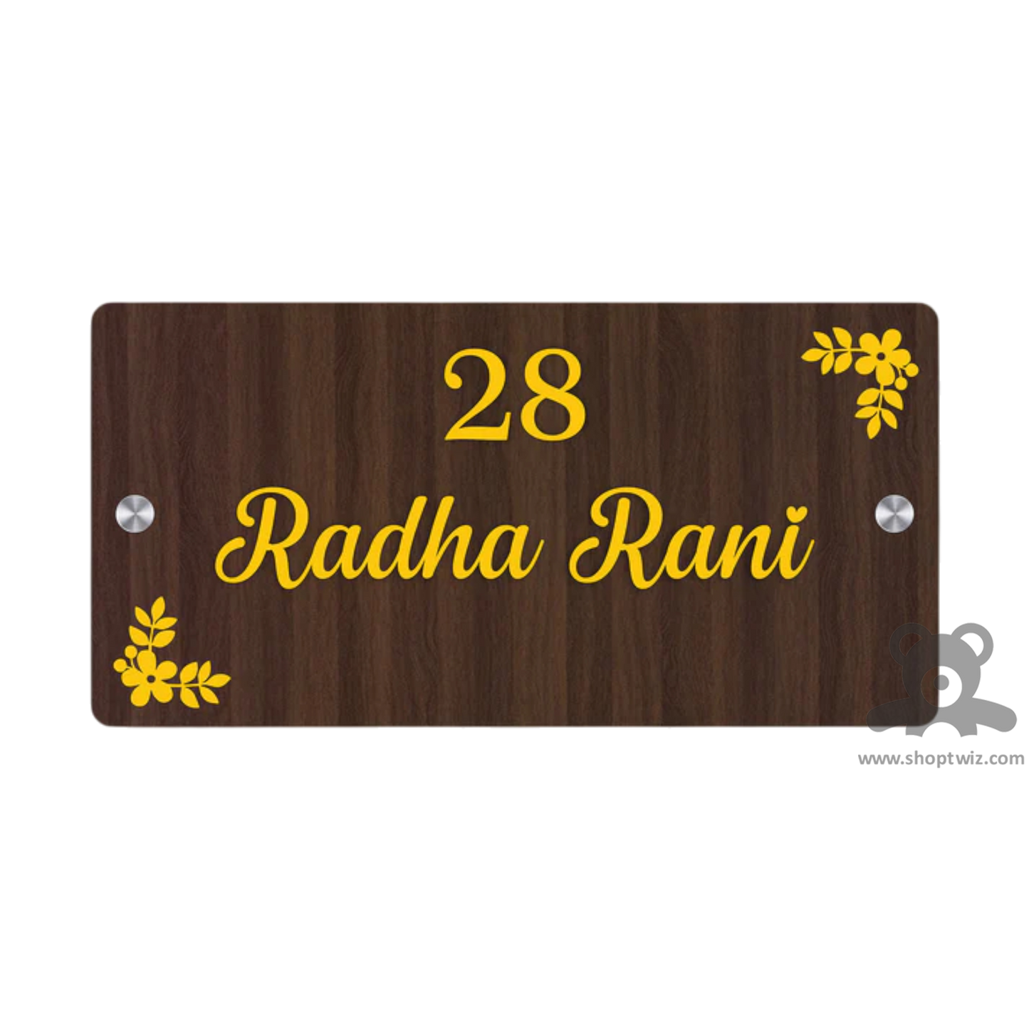 ShopTwiz Rectangle Wood Golden Letter and Design Name Plate for House and Office
