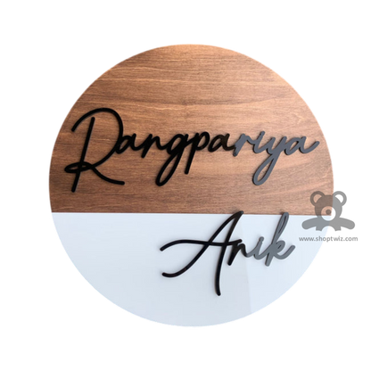 ShopTwiz Circle Wood and White Acrylic Black Letter Name Plate for House and Office