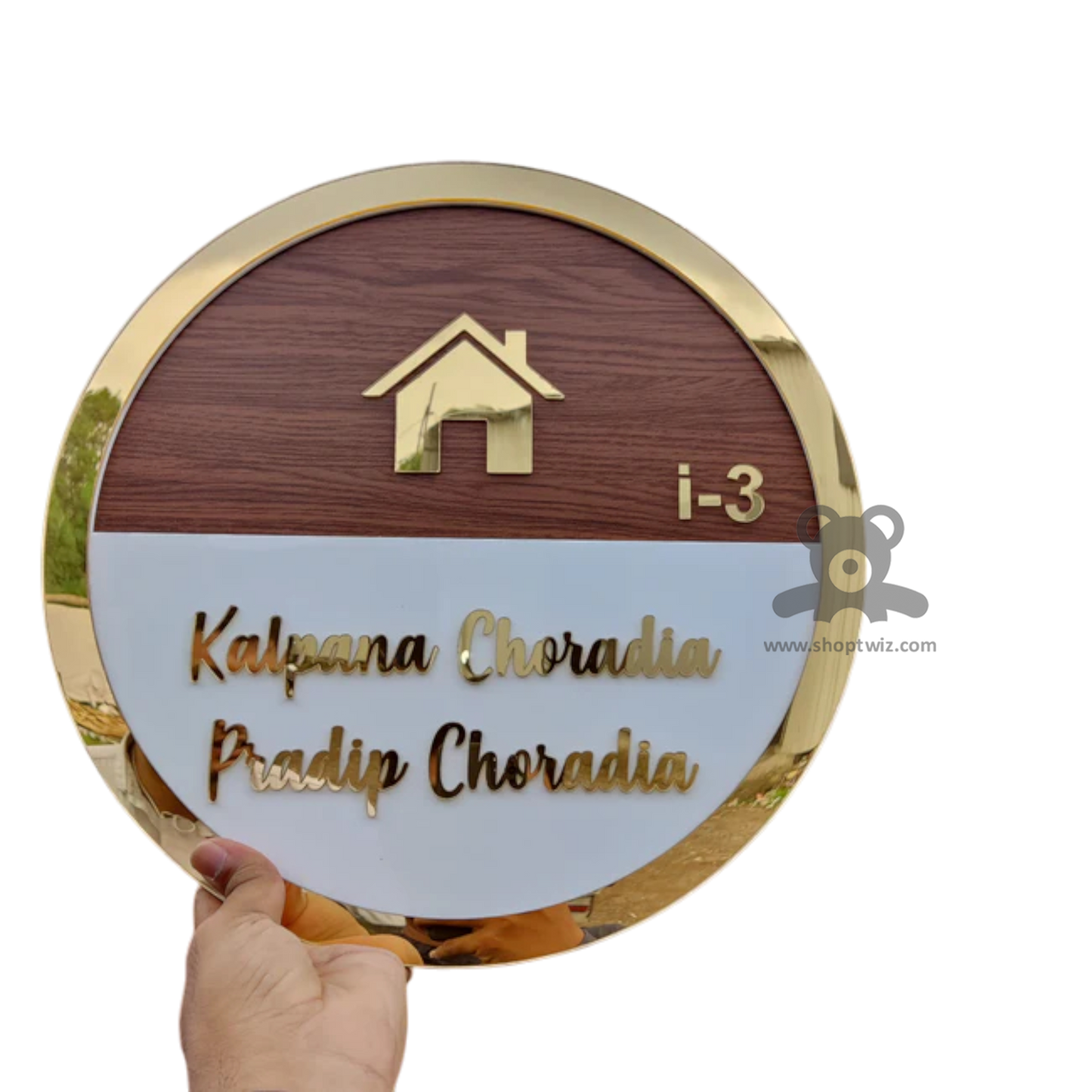 ShopTwiz Circle Wood White and Golden Letter and Border Name Plate for House and Office