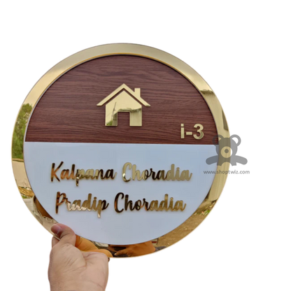 ShopTwiz Circle Wood White and Golden Letter and Border Name Plate for House and Office