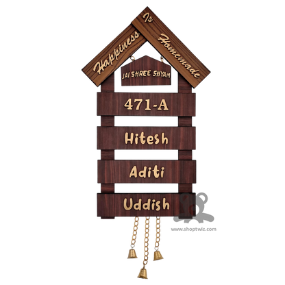ShopTwiz Rectangle House Wood with Golden Letter Name Plate for House and Office