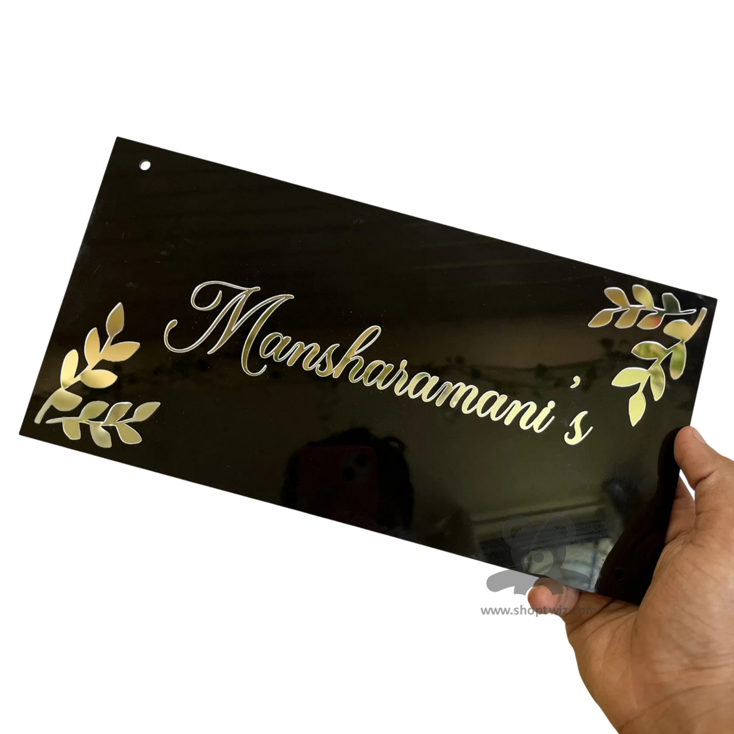 ShopTwiz Rectangle Black Golden Design and Letter Name Plate for House and Office