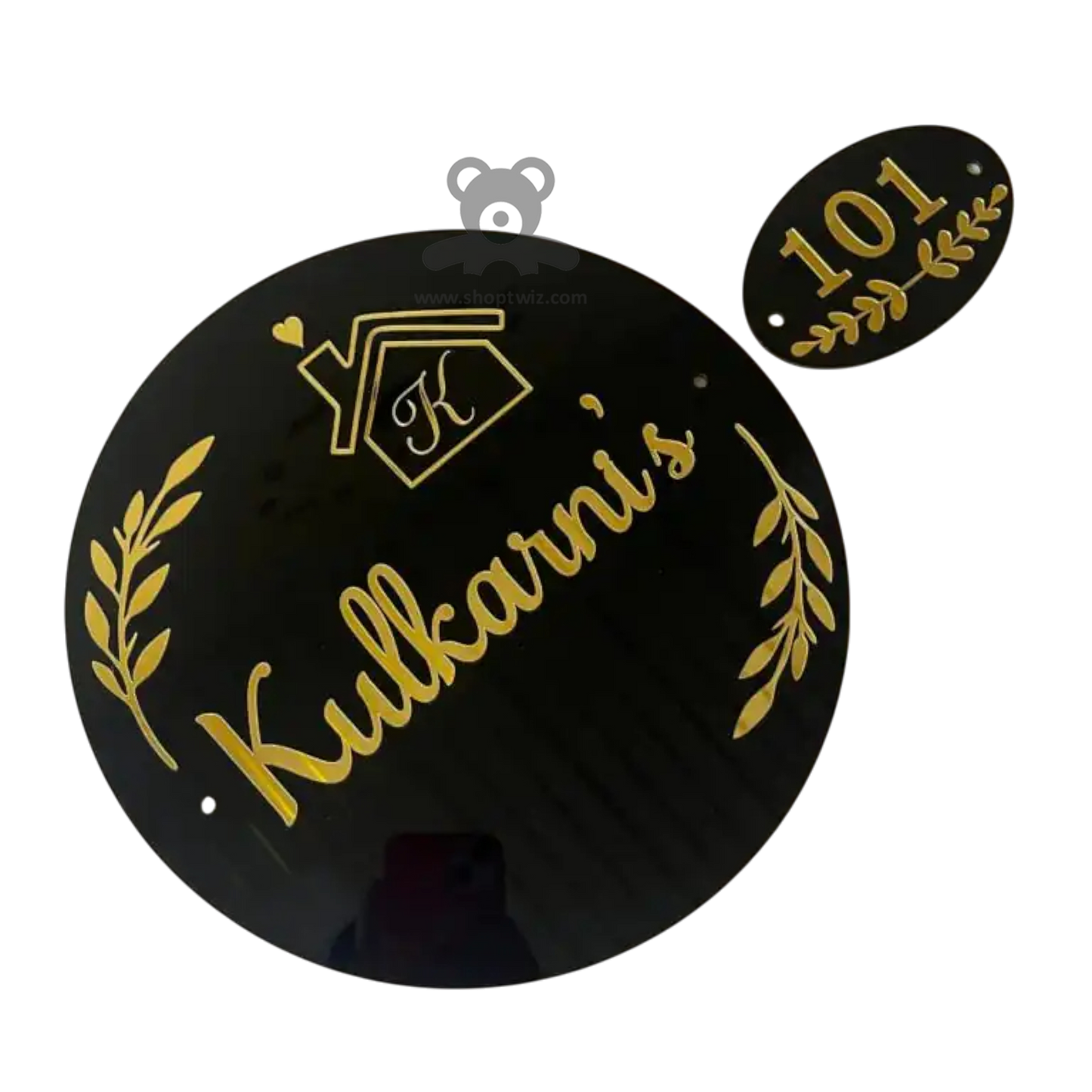 ShopTwiz Circle Black Golden Design and Letter Name Plate for House and Office