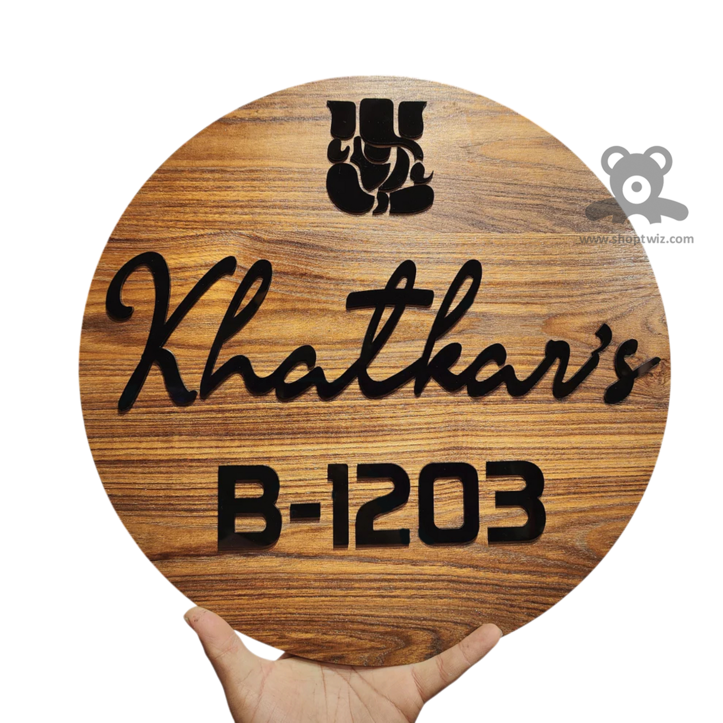 ShopTwiz Circle Wood Black Letter Ganesh Name Plate for House and Office