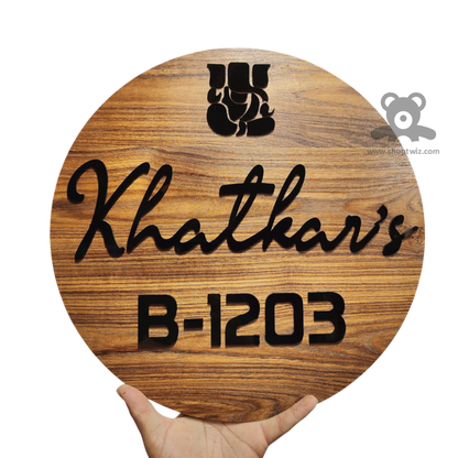 ShopTwiz Circle Wood Black Letter Ganesh Name Plate for House and Office