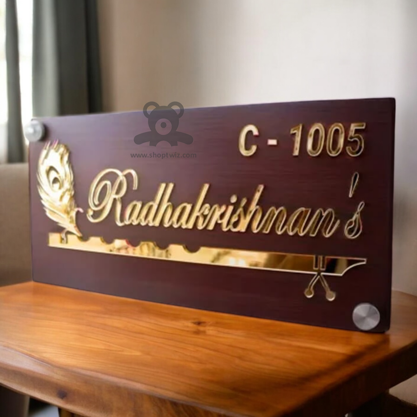 ShopTwiz Rectangle Wood Golden Basuri and Letter Name Plate for House and Office