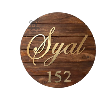 ShopTwiz Circle Wood Design with Golden Letter Name Plate for House and Office