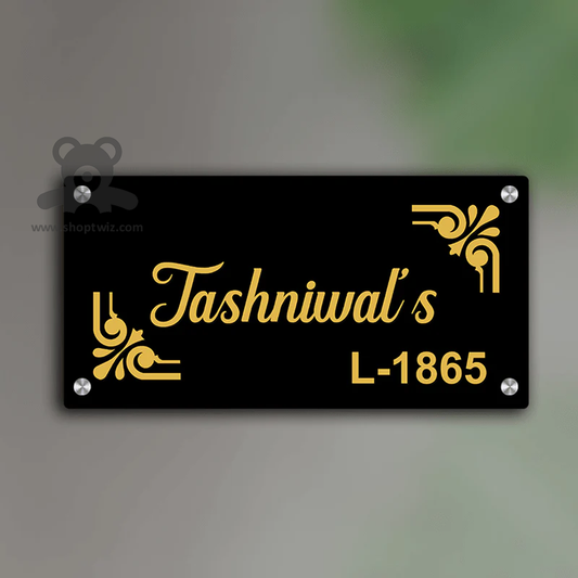 ShopTwiz Rectangle Black Acrylic Golden Letter Design Name Plate for House and Office