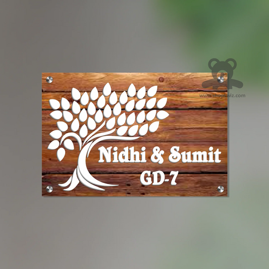 ShopTwiz Square Wood White Tree And Letter Name Plate for House and Office
