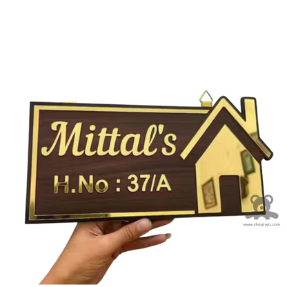 ShopTwiz Rectangle Wood Golden Design and Golden Letter Name Plate for House and Office