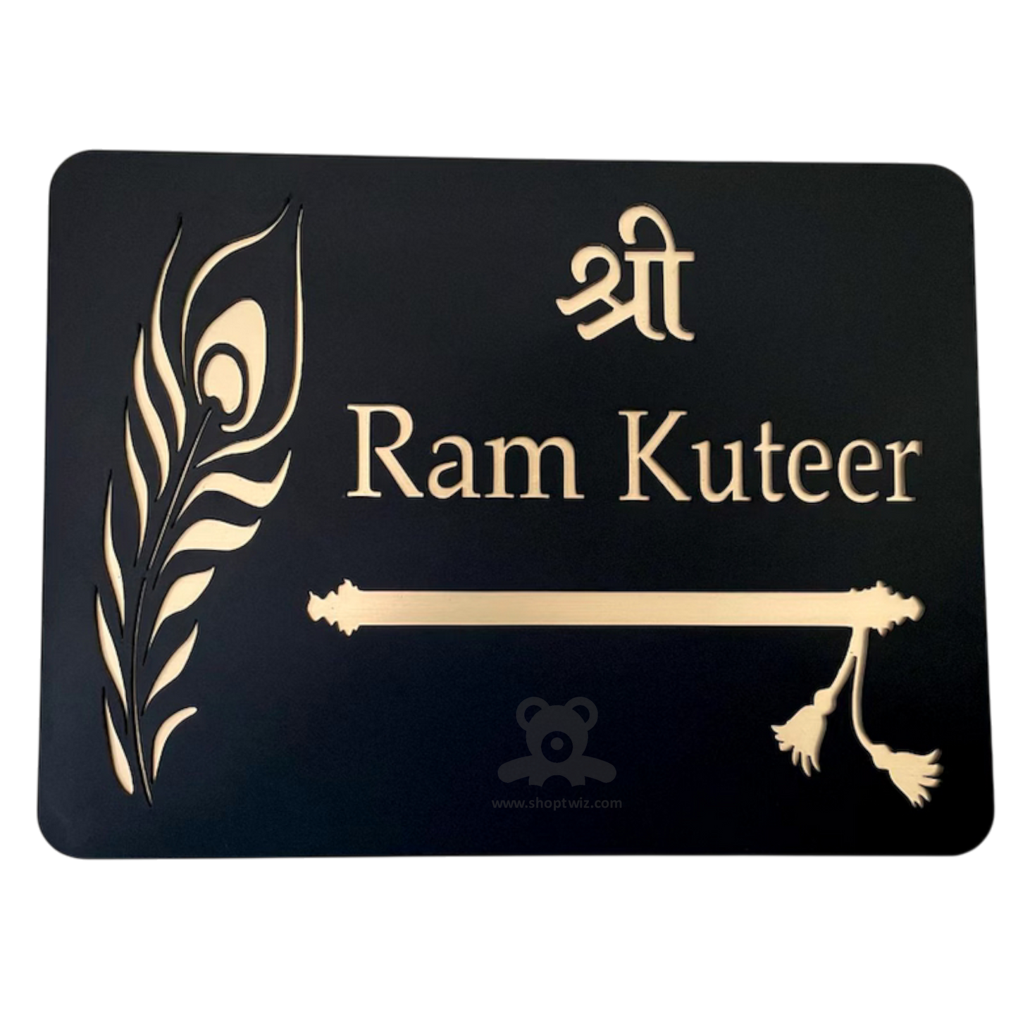 ShopTwiz Square Black with Golden Letter and Design Name Plate for House and Office