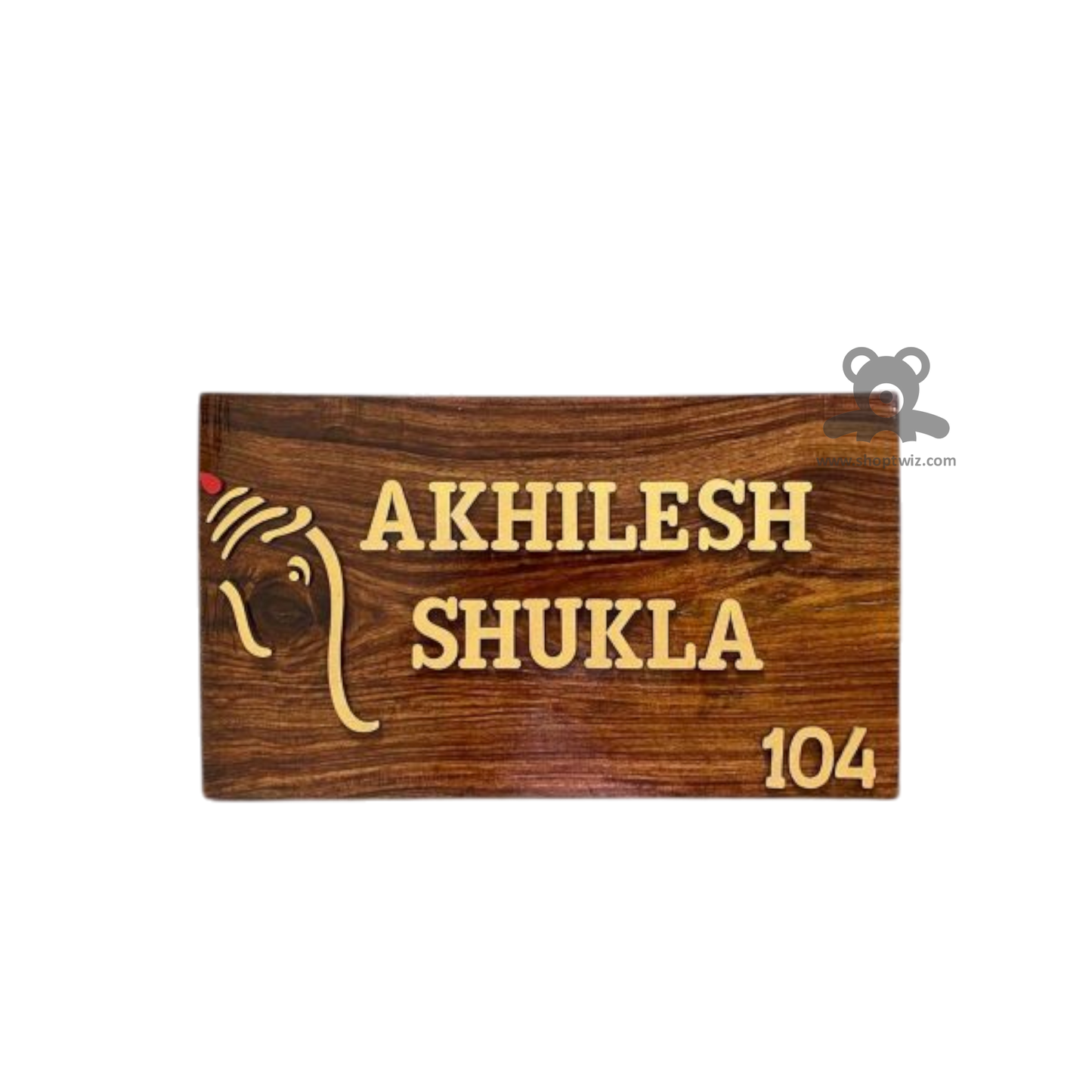 ShopTwiz Simple Rectangle Wood Golden Ganesh with Letter Name Plate for House and Office