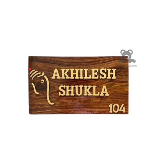 ShopTwiz Simple Rectangle Wood Golden Ganesh with Letter Name Plate for House and Office