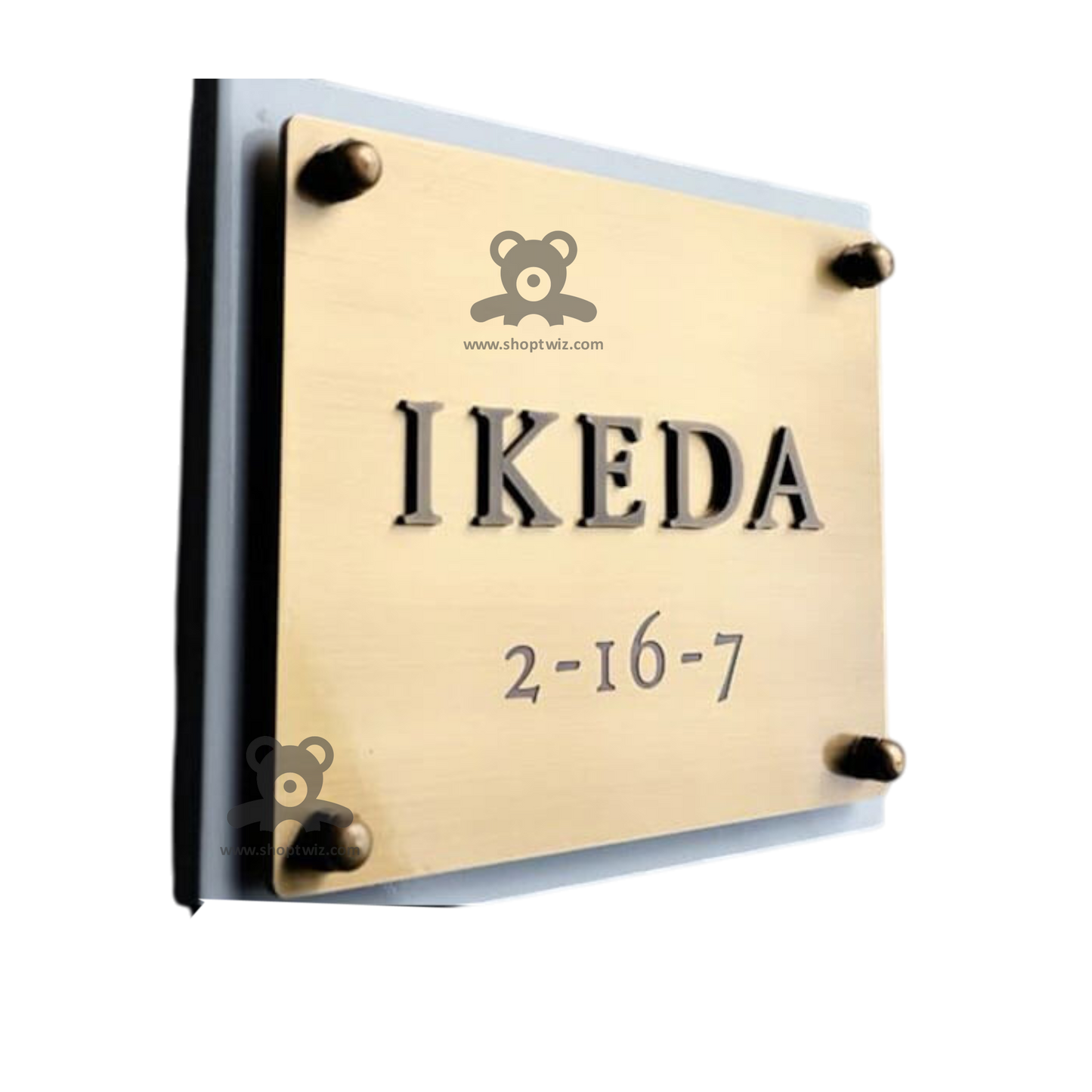 ShopTwiz Square White Golden Letter And Design Name Plate for House and Office