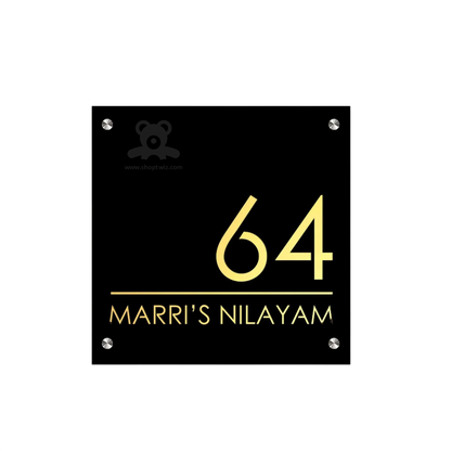 ShopTwiz Square Black Acylic Golden Latter Name Plate for House and Office
