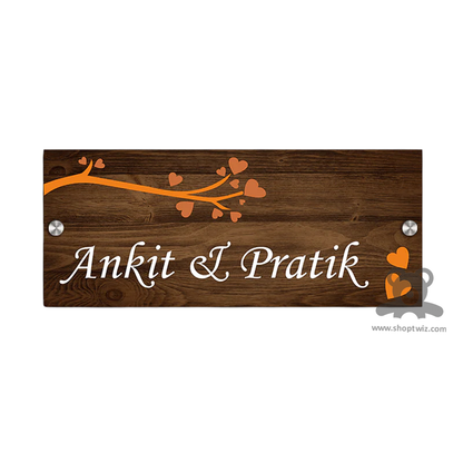 ShopTwiz Rectangle Wood White Letter Orange Design Name Plate for House and Office