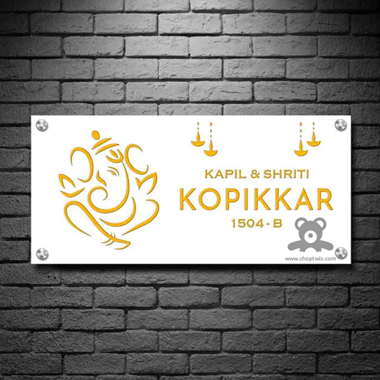 ShopTwiz Rectangle Black Golden And White Acrylic Ganesh Name Plate for House and Office