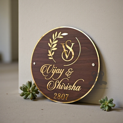 ShopTwiz Circle Wood Golden Border And Latter  Name Plate for House and Office
