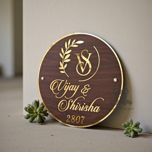 ShopTwiz Circle Wood Golden Border And Latter  Name Plate for House and Office