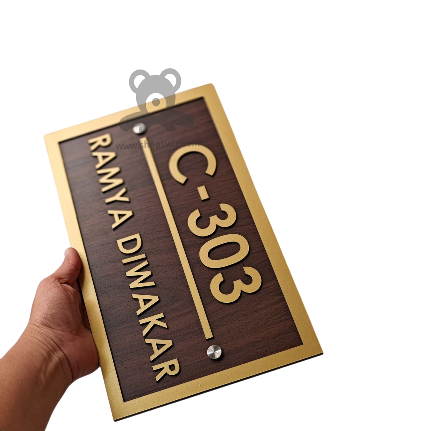 ShopTwiz Rectangle Wood And Golden Border Letter Name Plate for House and Office