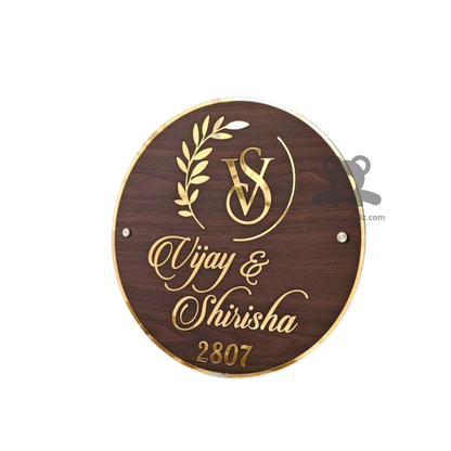 ShopTwiz Circle Wood Golden Border And Latter  Name Plate for House and Office