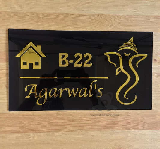 ShopTwiz Rectangle Black Acrylic Golden Letters Ganesha Name Plate for House and Office
