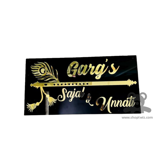 ShopTwiz Rectangle Black Acrylic Golden Letter Basuri Name Plate for House and Office