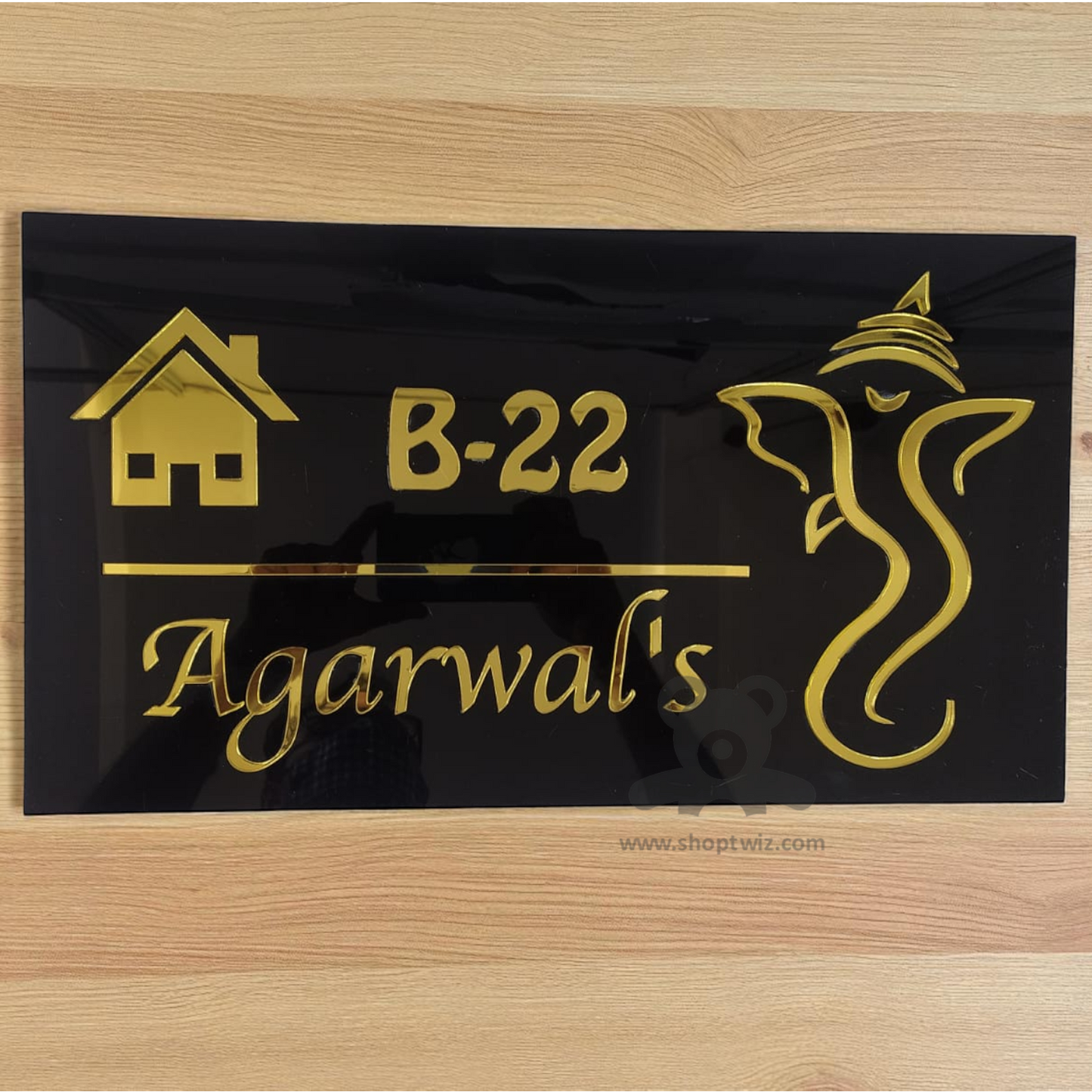 ShopTwiz Rectangle Black Acrylic Golden Letters Ganesha Name Plate for House and Office