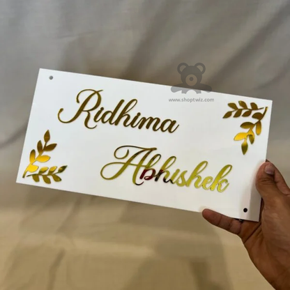 ShopTwiz Rectangle White Acrylic Golden Letter Name Plate for House and Office