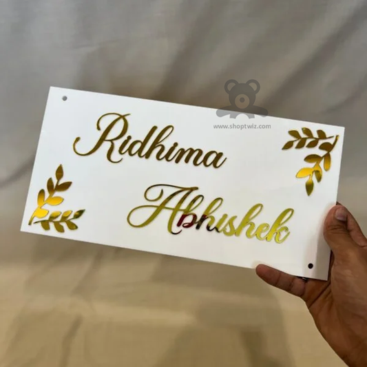 ShopTwiz Rectangle White Acrylic Golden Letter Name Plate for House and Office