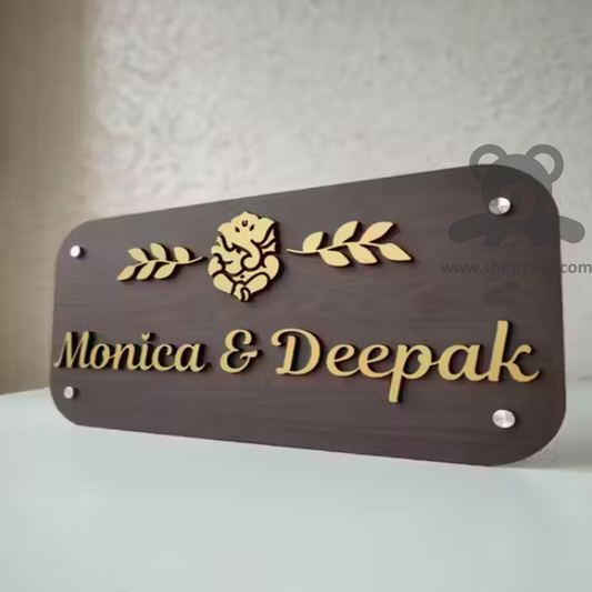 ShopTwiz Rectangle Wood Golden Letter Ganesh Name Plate for House and Office