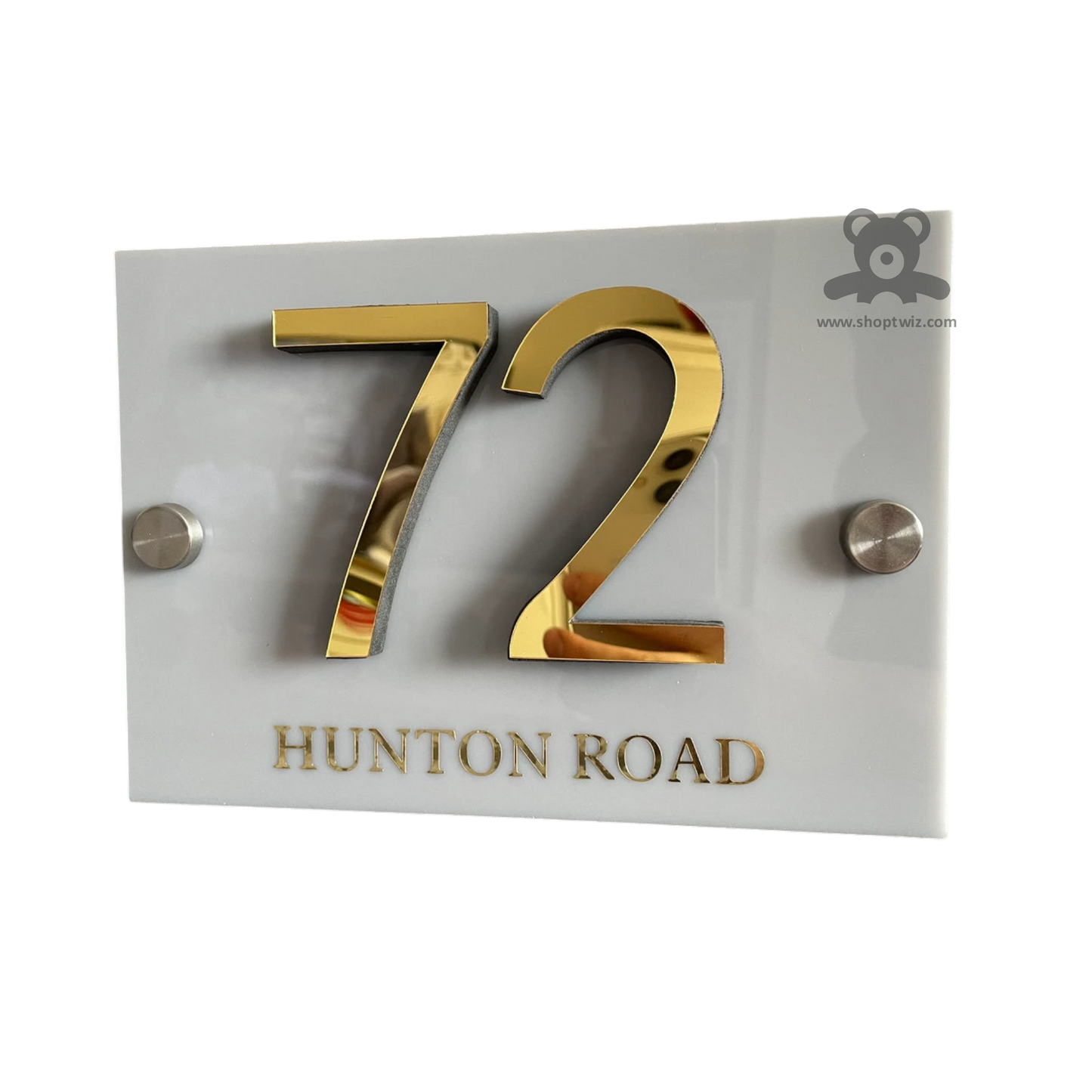 ShopTwiz Square White Acrylic and Golden Letter Name Plate for House and Office