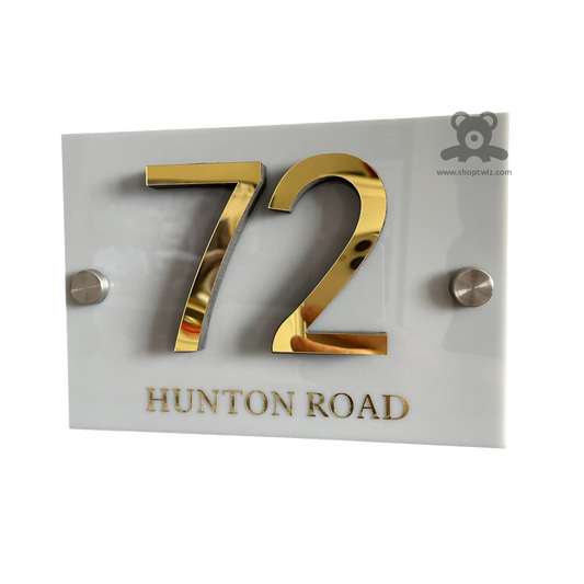 ShopTwiz Square White Acrylic and Golden Letter Name Plate for House and Office