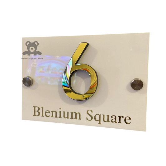 ShopTwiz Square White and Golden Letter Name Plate for House and Office