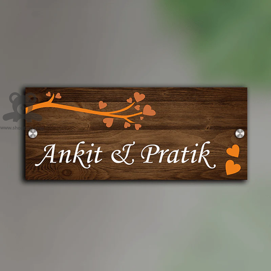ShopTwiz Rectangle Wood White Letter Orange Design Name Plate for House and Office