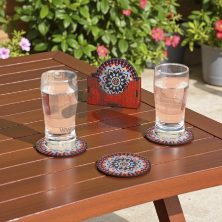 ShopTwiz  Colorful Mandala Wooden Coaster Set With Holder - Elegant Corporate Gift