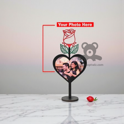 ShopTwiz Customized Heart Shaped Wooden Photo Frame With Rose Design- Romantic Corporate & Personal Gift