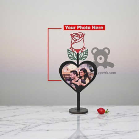ShopTwiz Customized Heart Shaped Wooden Photo Frame With Rose Design- Romantic Corporate & Personal Gift