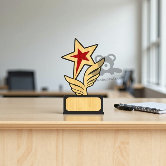 ShopTwiz Wooden Star Trophy With Wing Design - Premium Corporate Award & Gift