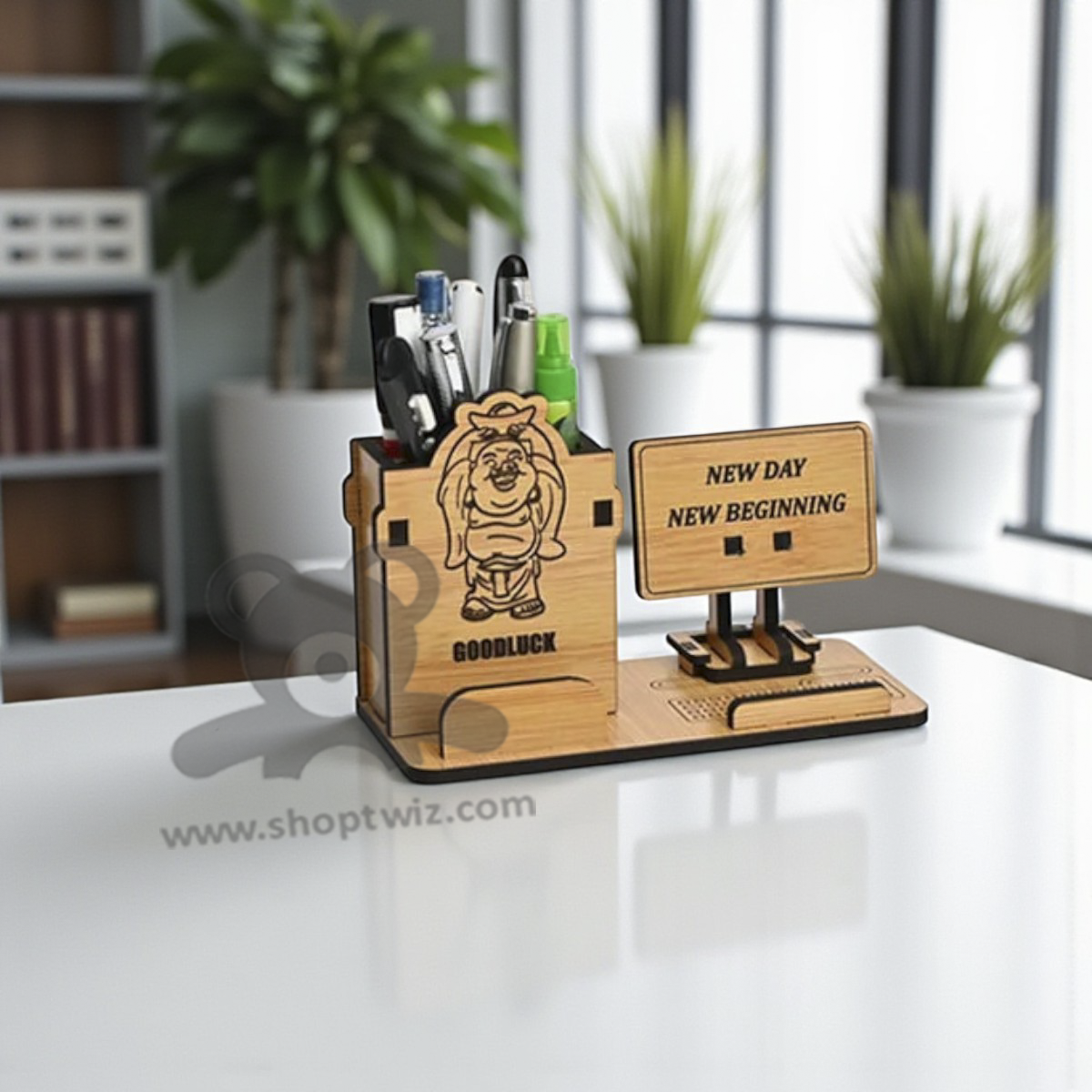 ShopTwiz Wooden Desk Organizer With Pen Holder & Motivational Message - Goodluck Corporate Gift