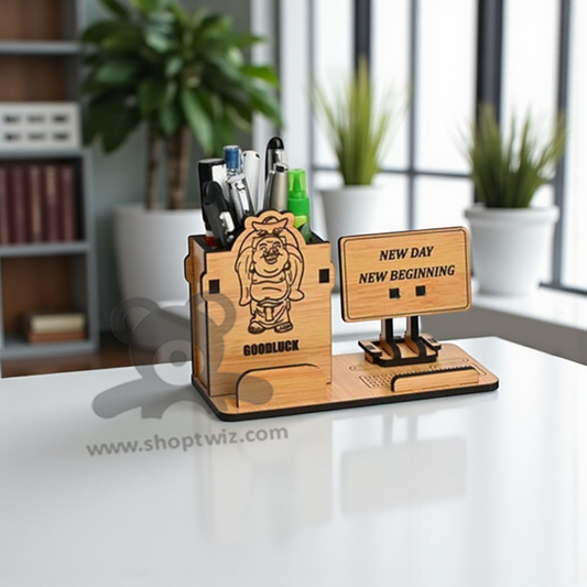 ShopTwiz Wooden Desk Organizer With Pen Holder & Motivational Message - Goodluck Corporate Gift