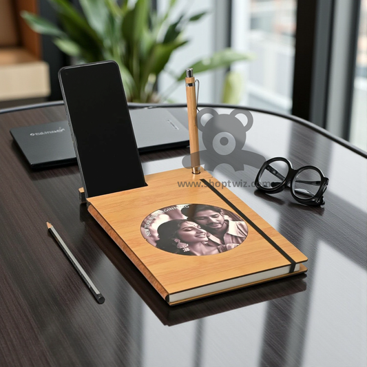 ShopTwiz Customized Wooden Notebook With Mobile & Pen Holder-Premium Corporate Gift
