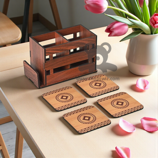 ShopTwiz Wooden Multipurpose Organizer With Designer Coaster Set - Premium Corporate Gift