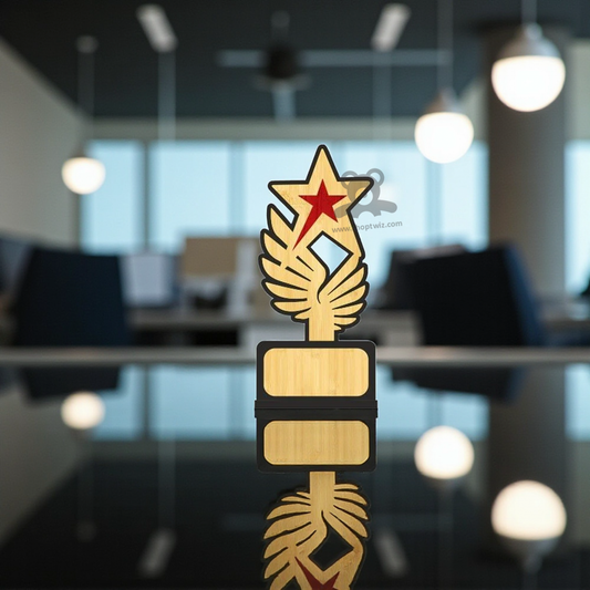 ShopTwiz Premium Wooden Star Trophy With Feather Design-Corporate Gift & Award