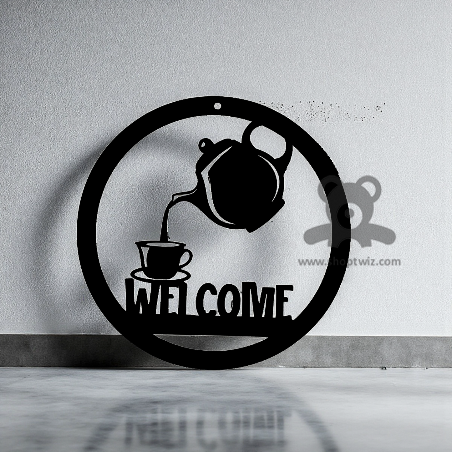 ShopTwiz Wooden Welcome Hanging Sign With Tea Pot Design - Elegant Corporate Gift