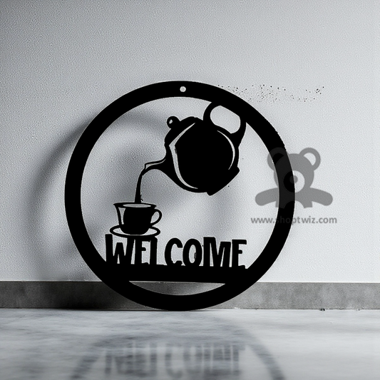 ShopTwiz Wooden Welcome Hanging Sign With Tea Pot Design - Elegant Corporate Gift
