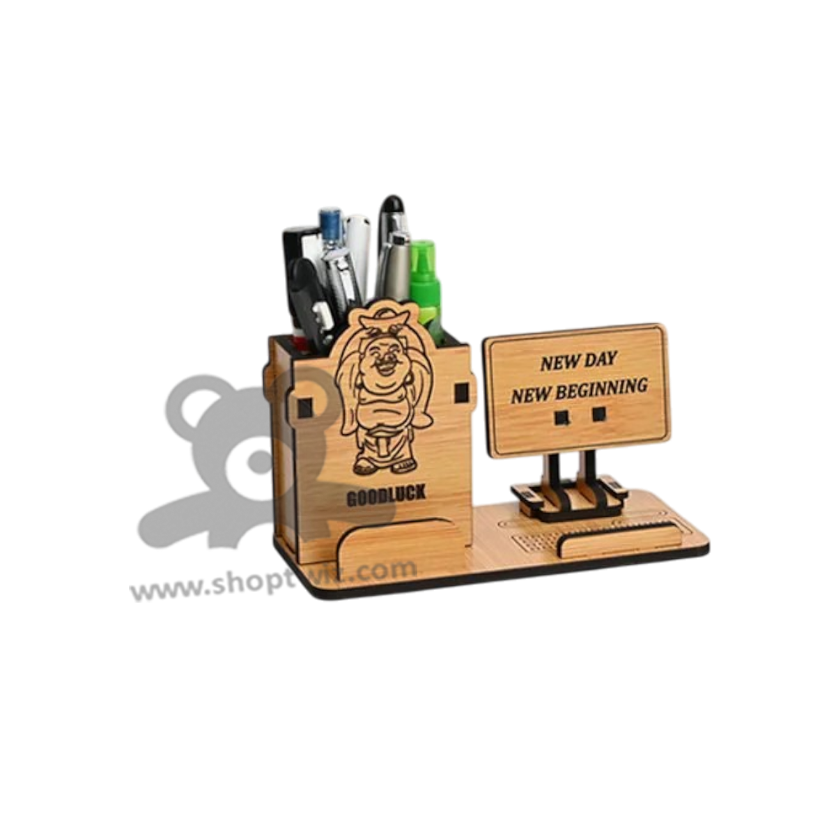 ShopTwiz Wooden Desk Organizer With Pen Holder & Motivational Message - Goodluck Corporate Gift