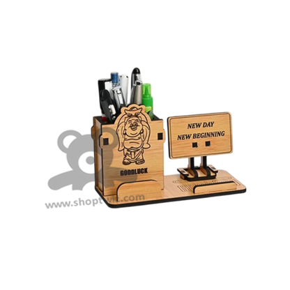 ShopTwiz Wooden Desk Organizer With Pen Holder & Motivational Message - Goodluck Corporate Gift