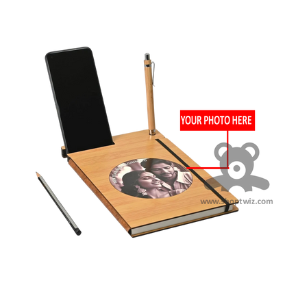 ShopTwiz Customized Wooden Notebook With Mobile & Pen Holder-Premium Corporate Gift