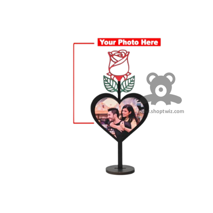 ShopTwiz Customized Heart Shaped Wooden Photo Frame With Rose Design- Romantic Corporate & Personal Gift